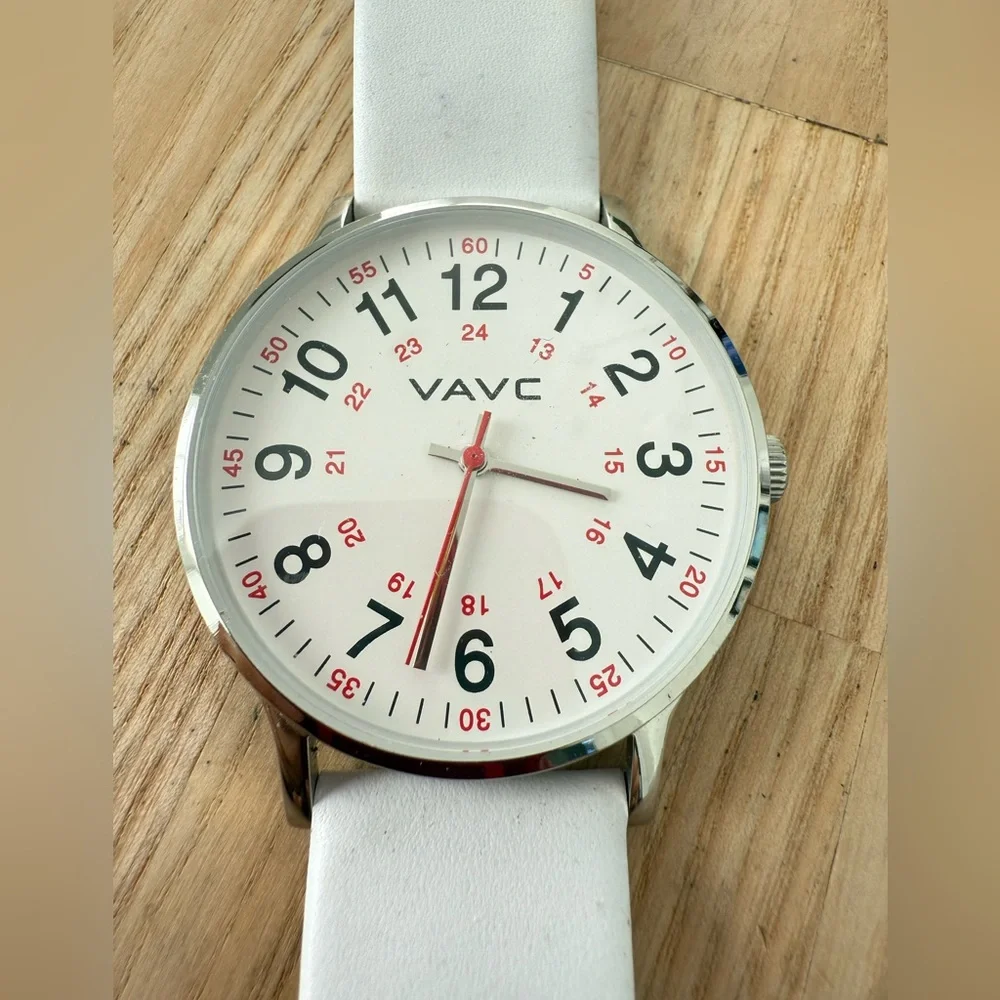VAVC men’s silver tone white leather watch NEW BATTERY